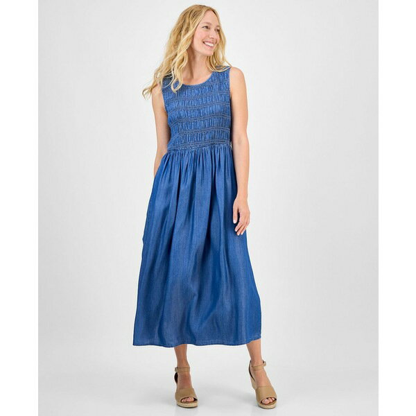 スタイルアンドコー レディース ワンピース トップス Women's Smocked Chambray Midi Dress, Exclusively at Macy's Raven