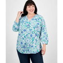 ジョーンズニューヨーク レディース カットソー トップス Plus Size Floral-Print Linen-Blend Tunic Aqua Wave Multi