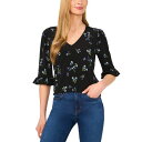 セセ レディース カットソー トップス Women's Printed V-Neck 3/4-Ruffle-Sleeve Top Rich Black