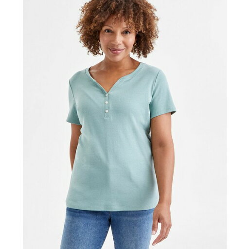 スタイルアンドコー レディース カットソー トップス Women's Short-Sleeve Cotton Henley Top, PXS - 4X, Created for Macy's Faded Sage スタイルアンドコー レディース カットソー トップス Women's Short-Sleeve Cotton Henley Top, PXS - 4X, Created for Macy's Faded Sage