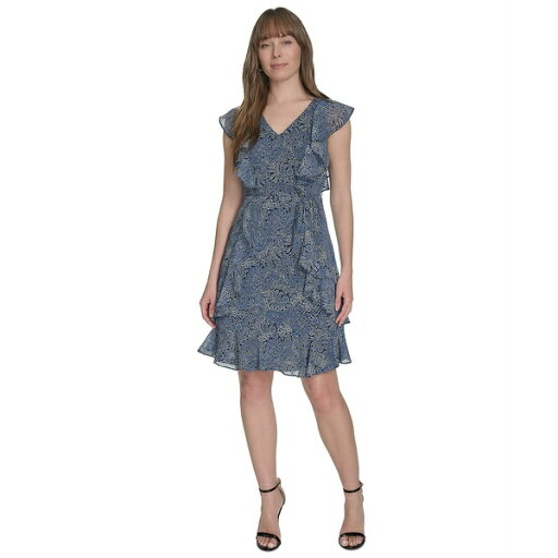トミー ヒルフィガー レディース ワンピース トップス Petite Printed Ruffled Dres French Blue Multi トミー ヒルフィガー レディース ワンピース トップス Petite Printed Ruffled Dres French Blue Multi