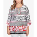 ルビーロード レディース カットソー トップス Plus Size Tropical Stripe Puff Print Top Black Multi