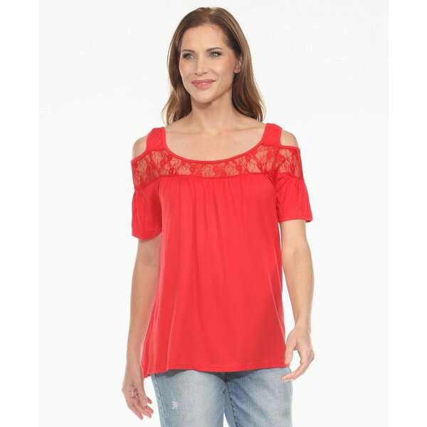 ۥ磻ȥޡ ǥ åȥ ȥåץ Women's Cold Shoulder Lace Trim Knit Top Red