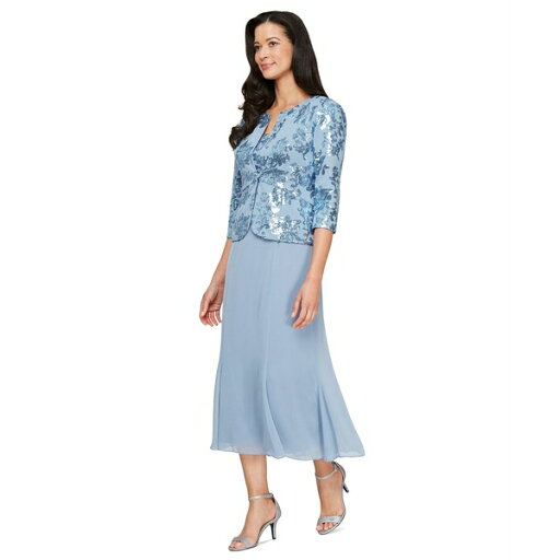 アレックスイブニングス レディース ワンピース トップス Women's Sequined Jacket & Chiffon Midi Dress Dusty Blue アレックスイブニングス レディース ワンピース トップス Women's Sequined Jacket & Chiffon Midi Dress Dusty Blue