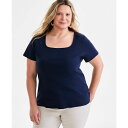 スタイルアンドコー レディース カットソー トップス Women's Cotton Square-Neck Short-Sleeve T-Shirt, PXS ...