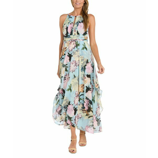 アールアンドエムリチャーズ レディース ワンピース トップス Petite Printed Halter-Neck Ruffled Sleeveless Gown Aqua