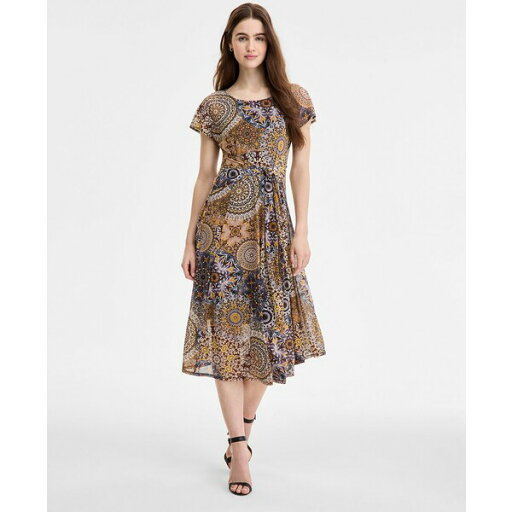 ロビービー レディース ワンピース トップス Women's Printed Tie-Waist Midi Dress Navy Gold ロビービー レディース ワンピース トップス Women's Printed Tie-Waist Midi Dress Navy Gold