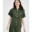アンクライン レディース カットソー トップス Women's Flutter-Sleeve Button-Front Blouse Olive Palm