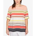 ルビーロード レディース カットソー トップス Plus Size Multi Stripe Roll Tab Top Grapefruit Multi
