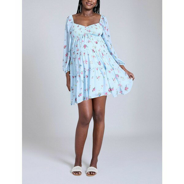 マザーフッドマタニティ レディース ワンピース トップス Maternity Long Sleeve Front Tie Tiered Mini Dress - Motherhood Skyway ditsy floral