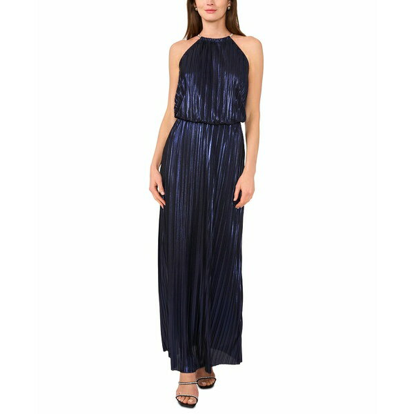 ミスク レディース ワンピース トップス Women's Necklace-Neck Pleated Metallic Sleeveless Gown Navy
