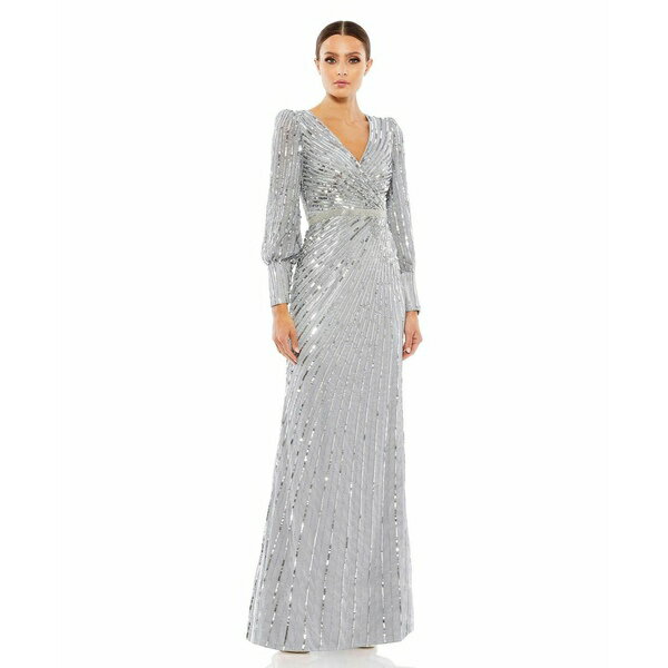 ޥå ǥ ԡ ȥåץ Women's Sequined Wrap Over Bishop Sleeve Gown Silver