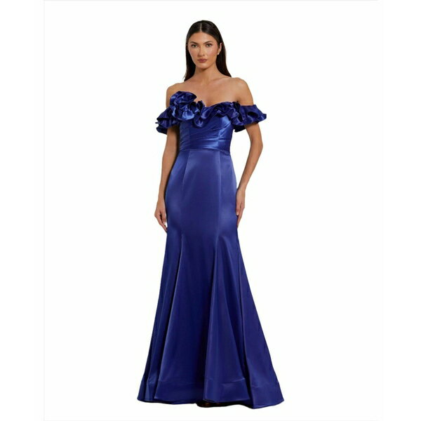 マックダガル レディース ワンピース トップス Women's Satin Ruffle Off the Shoulder Mermaid Gown Cobalt