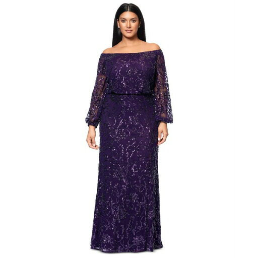 エスケープ レディース ワンピース トップス Plus Size Sequin Off-The-Shoulder Side-Slit Gown Eggplant エスケープ レディース ワンピース トップス Plus Size Sequin Off-The-Shoulder Side-Slit Gown Eggplant