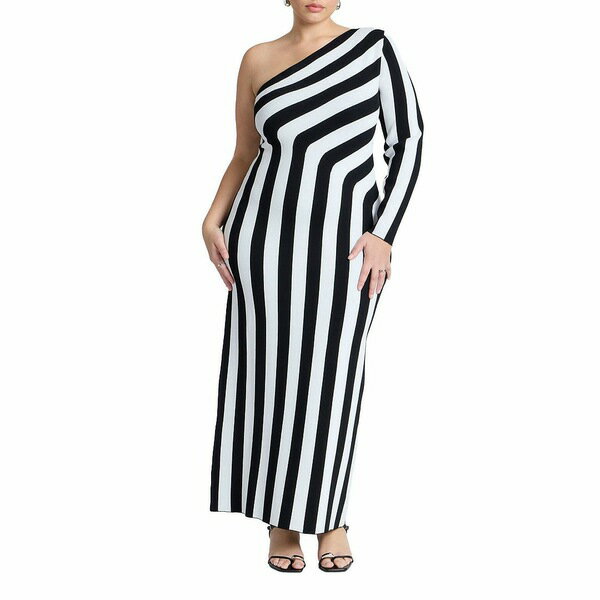 エロクイ レディース ワンピース トップス Women's Plus Size Striped Maxi Dress Black white stripe