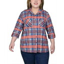 ニューヨークコレクション レディース カットソー トップス Plus Size Long Sleeve Button Front Tunic Top Rust Denim Plaid