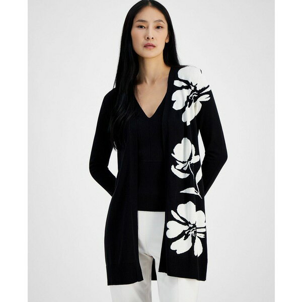 アンクライン レディース ニット&セーター アウター Women's Floral Instarsia Open-Front Cardiga Anne Black/anne White