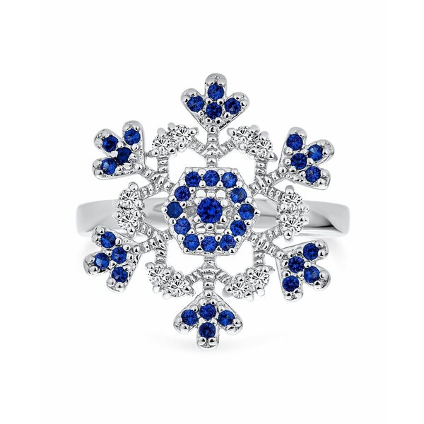 ֥ ǥ  ꡼ Winter Holiday Christmas Statement 2 Tone Blue Clear Cubic Zirconia Flower Snowflake CZ Ring Cocktail For Women .925 Sterling Silver Blue