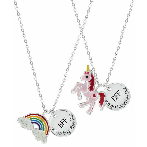 [i Tbg fB[X lbNXE`[J[Ey_ggbv ANZT[ Children's Rainbow Unicorn Best Friends Two Piece Necklace Set in Sterling Silver Silver