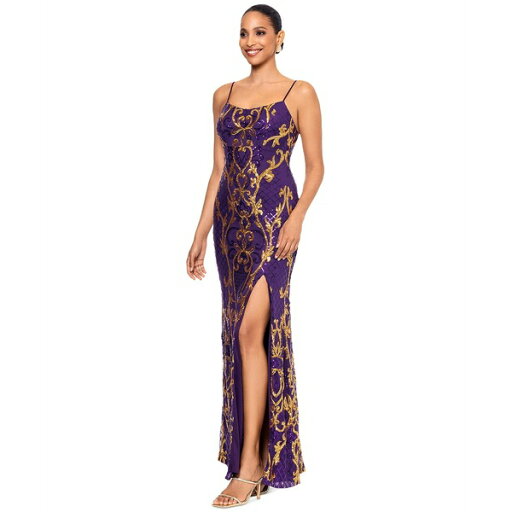 ベッツィ アンド アダム レディース ワンピース トップス Petite Scoop-Neck Beaded Sequin Gown Purple/Gold