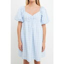 CObVt@Ng[ fB[X s[X gbvX Women's Gingham Linen Sweetheart Baby Doll Dress Powder blue