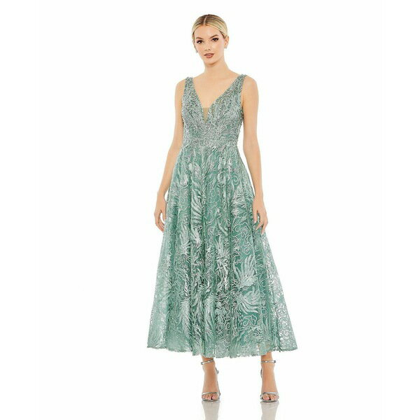 マックダガル レディース ワンピース トップス Women's V-Neck Low Cut Back Floral Embroidered A-Line Dress Seafoam