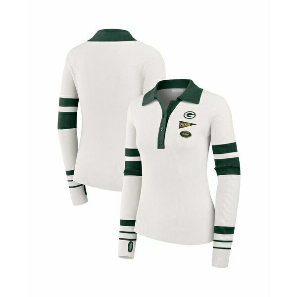 ウェア バイ エリン・アンドリューズ レディース カットソー トップス Women's White Green Bay Packers Ribbed Henley Polo Shirt White