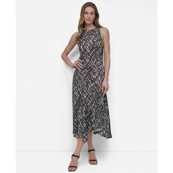 ダナ キャラン ニューヨーク レディース ワンピース トップス Women's Printed Crewneck High-Low Hem Midi Dress Black/Ivory
