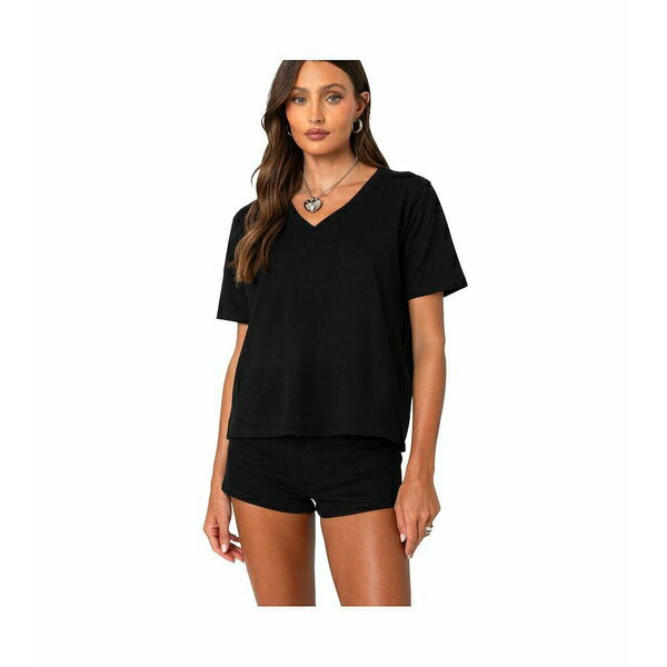 エディクテッド レディース カットソー トップス Loose fit V neck T shirt Black