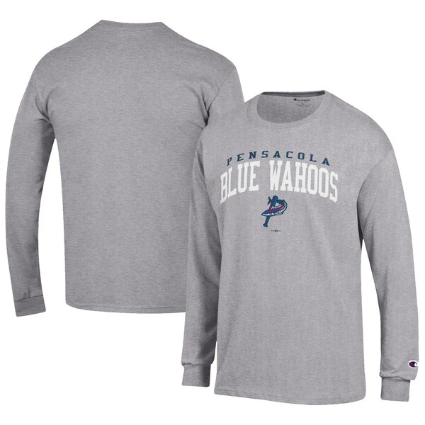 チャンピオン メンズ Tシャツ トップス Pensacola Blue Wahoos Champion Jersey Long Sleeve TShirt Gray