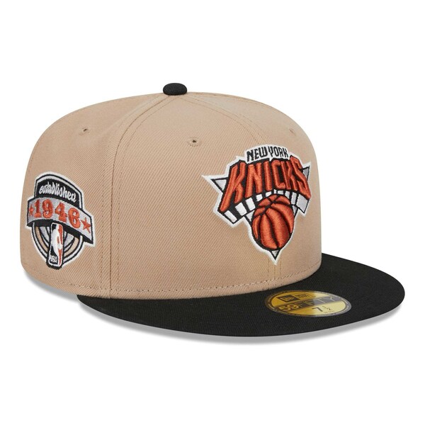 j[G Y Xq ANZT[ New York Knicks New Era Burnt Orange Logo 2Tone 59FIFTY Fitted Hat Tan/Black