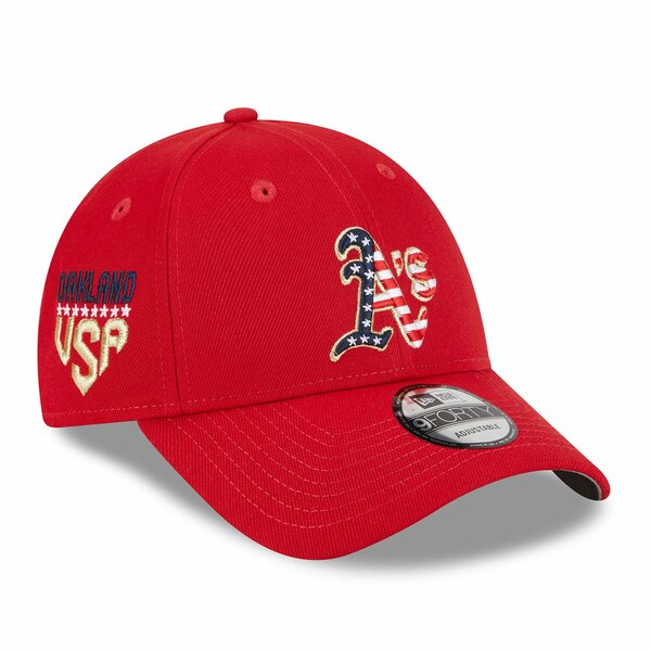 j[G Y Xq ANZT[ Oakland Athletics New Era 2023 Fourth of July 9FORTY Adjustable Hat Red