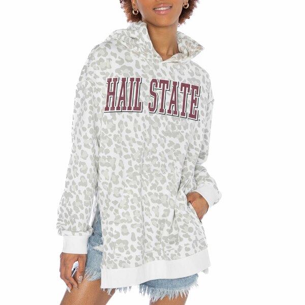 Q[fC fB[X p[J[EXEFbgVc AE^[ Mississippi State Bulldogs Gameday Couture Women's Home Team Advantage Leopard Print Oversized SideSlit Pullover Hoodie White