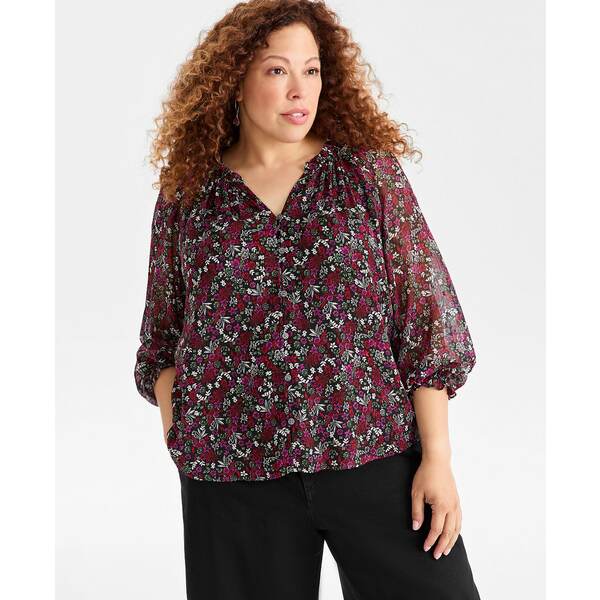 スタイルアンドコー レディース カットソー トップス Petite Floral Shine Ruffled Button-Front Blous..