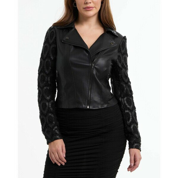 ٥ ǥ 㥱åȡ֥륾  Women's Leather Embroidered Sleeve Moto Jacket Black