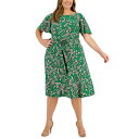 カスパー レディース ワンピース トップス Plus Size Florinda Flutter-Sleeve Belted Dress Green Combo