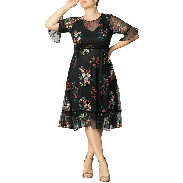 キヨナ レディース ワンピース トップス Women's Plus size Wildflower Embroidered Floral Mesh Dress Onyx