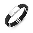 Tbg oC [i Tbg fB[X uXbgEoOEANbg ANZT[ Men's Stainless Steel Striped Station and Herringbone Leather Bracelet No Color