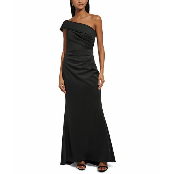 エリザジェイ レディース ワンピース トップス Women's Asymmetric-Neck Side-Pleat Scuba Gown Black