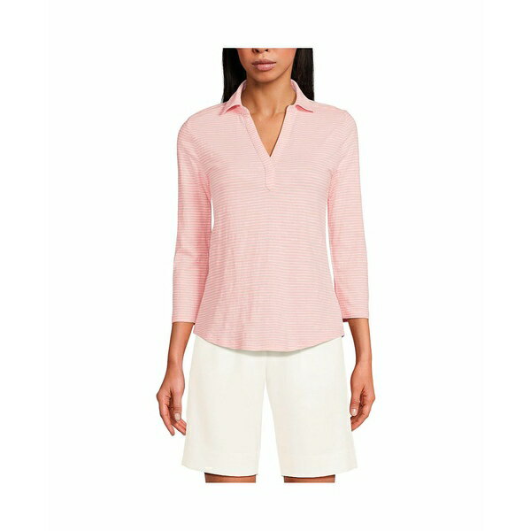 ランズエンド レディース カットソー トップス Women's Slub Polo Top Sunset coral/white stripe