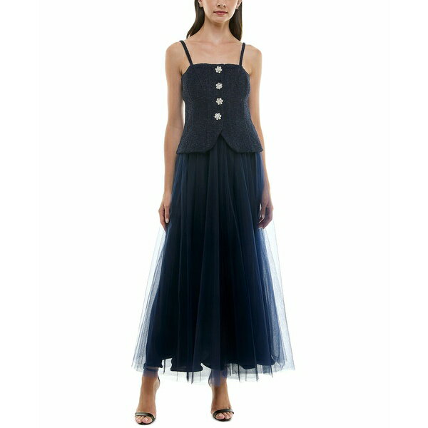 テイラー レディース ワンピース トップス Women's Mixed-Media Embellished-Button Gown Navy