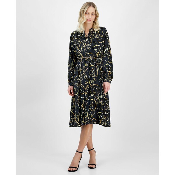 ティー・タハリ レディース ワンピース トップス Women's Button-Front Long-Sleeve Chain-Belt Dress Love Letter