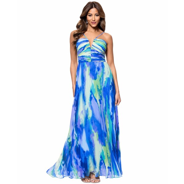 エスケープ レディース ワンピース トップス Women's Pleated Halter Gown Lime/Blue