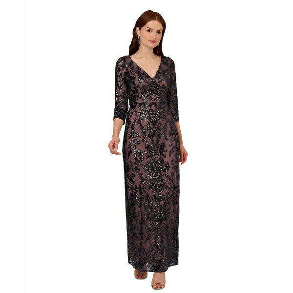アドリアナ パペル レディース ワンピース トップス Women's Embroidered Sequinned Gown Navy Rose Gold