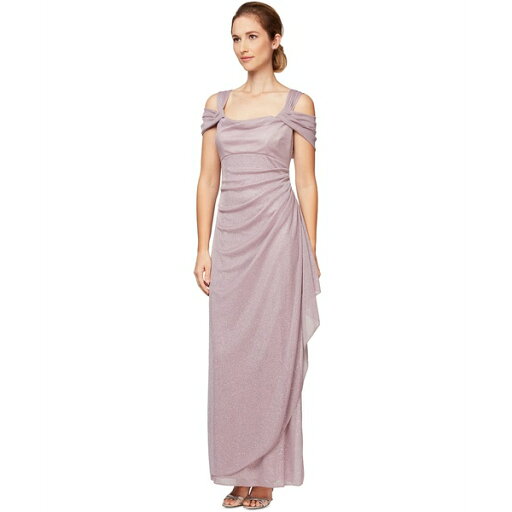 アレックスイブニングス レディース ワンピース トップス Cold-Shoulder Draped Metallic Gown Mauve アレックスイブニングス レディース ワンピース トップス Cold-Shoulder Draped Metallic Gown Mauve