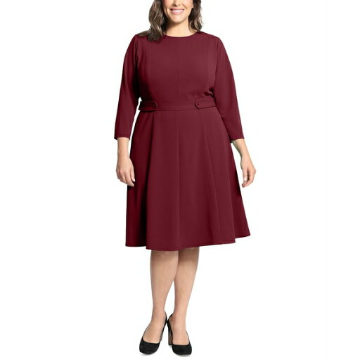 ロンドンタイムス レディース ワンピース トップス Plus Size 3/4-Sleeve Tab-Waist Fit & Flare Dress Aubergine ロンドンタイムス レディース ワンピース トップス Plus Size 3/4-Sleeve Tab-Waist Fit & Flare Dress Aubergine