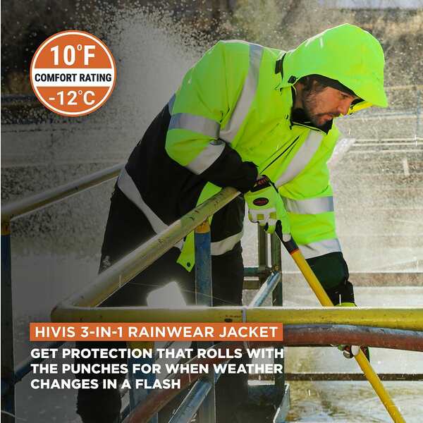 եå  㥱åȡ֥륾  Men's HiVis 3-in-1 Insulated Rainwear Systems Jacket - ANSI Class 2 Black/Lime