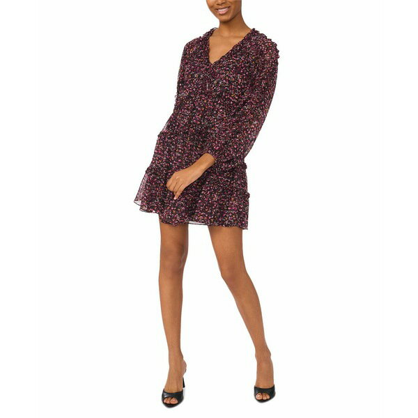 セセ レディース ワンピース トップス Women's Ruffled Long-Sleeve Tiered Mini Dress Rich Black