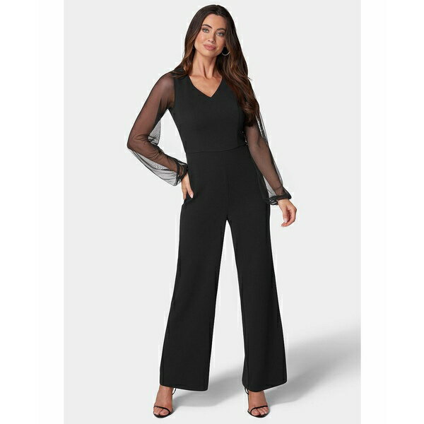 ベベ レディース ワンピース トップス Women's V-Neck Jumpsuit with Powermesh Sleeve Black