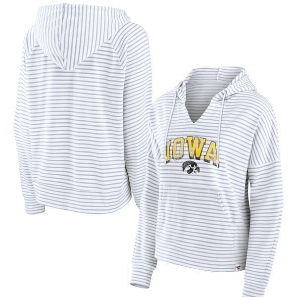 t@ieBNX fB[X p[J[EXEFbgVc AE^[ Iowa Hawkeyes Fanatics Branded Women's Striped Notch Neck Pullover Hoodie White